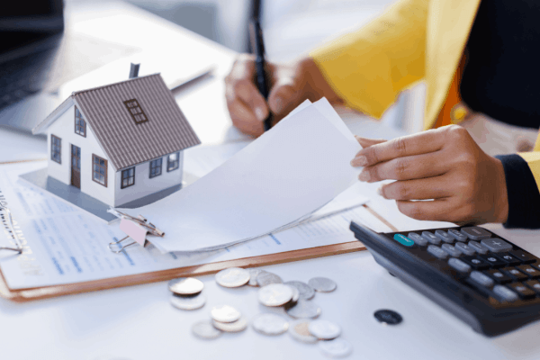 Bonus depreciation qualifying property documents with house model and calculator on desk
