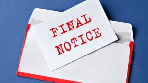 Final notice card in red-trimmed envelope on blue background