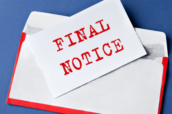 Final notice card in red-trimmed envelope on blue background